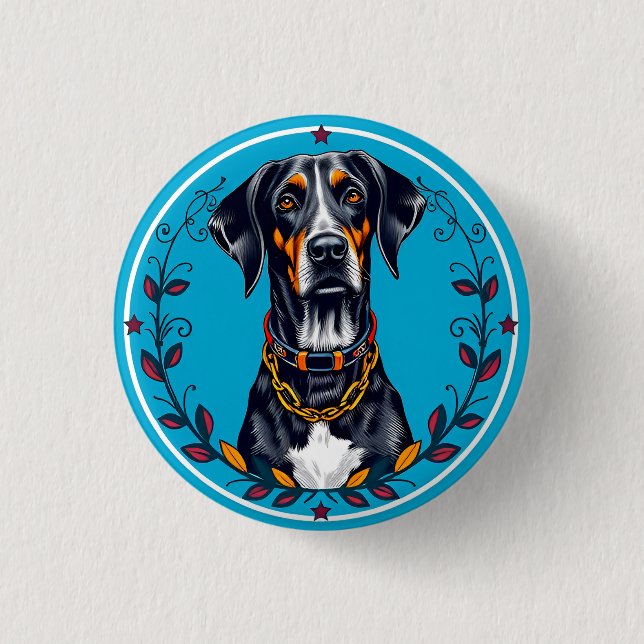 Hund i en cirkulär blommig design knapp (Framsida)