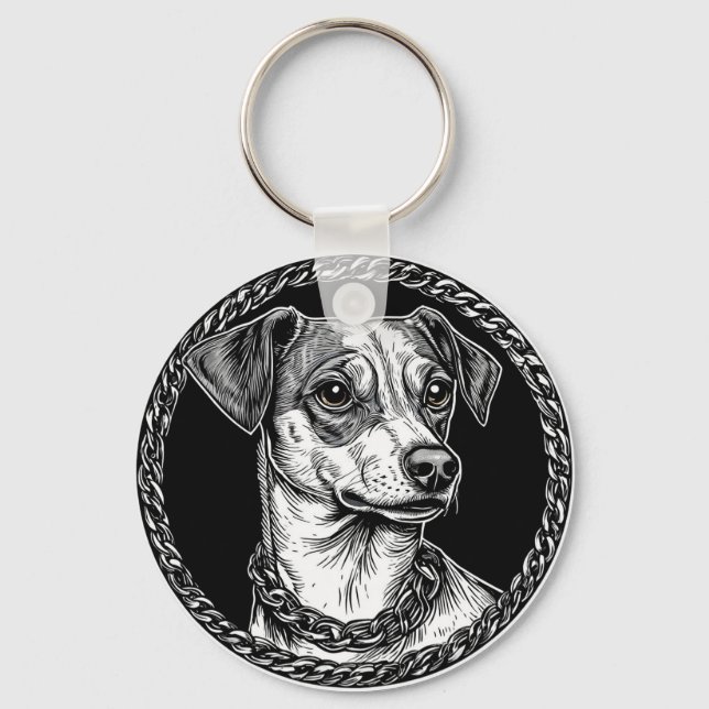 Hund i en cirkulär dekorativ ram nyckelring (Framsida)