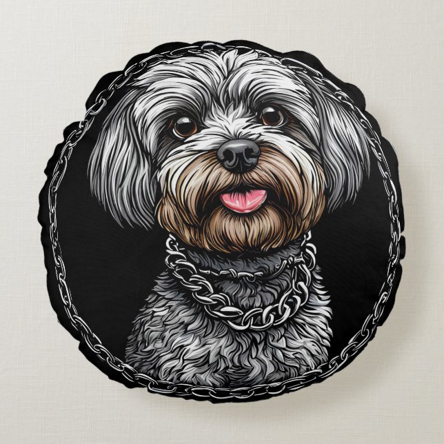 Hund i en konstnärlig design rund kudde (Framsidan)