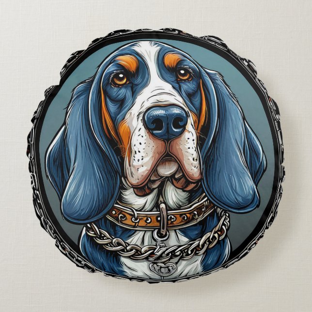 Hund i en konstnärlig design rund kudde (Framsidan)