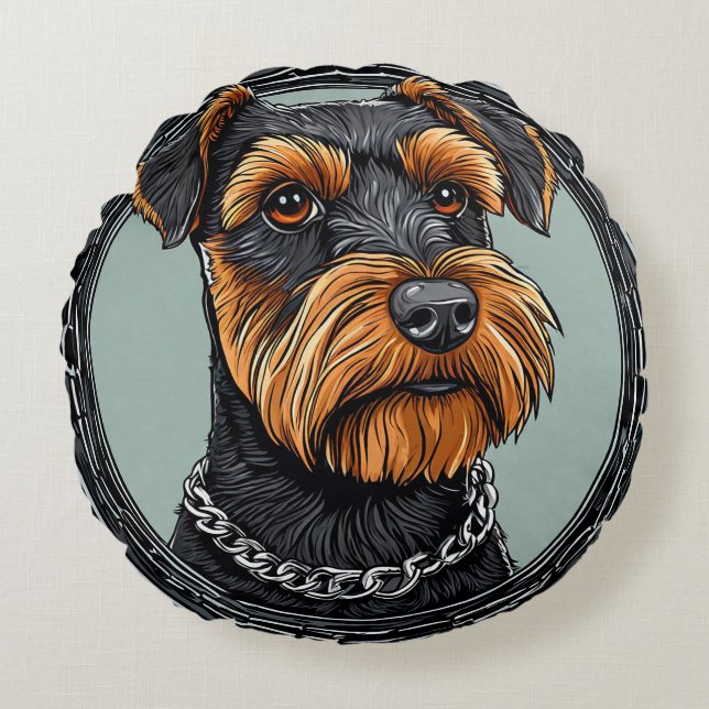 Hund i en konstnärlig design rund kudde (Framsidan)