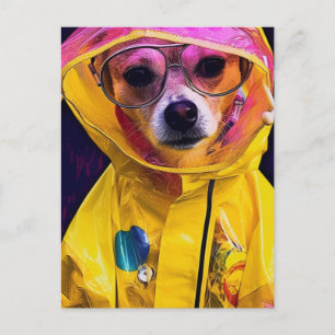 Hund i ett vykort för regnrock för gult