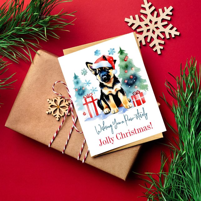 Hund i Europaparlamentet Vykort (Cute German Shepherd puppy Christmas greetings postcard watercolor puppy in Santa hat by gift boxes)