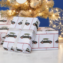 Hund i gammal bil med Julgran Presentpapper