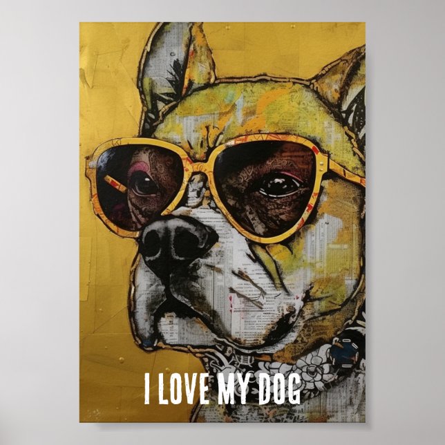 Hund i Gult Glass Mixed Media Collage Poster (Framsidan)