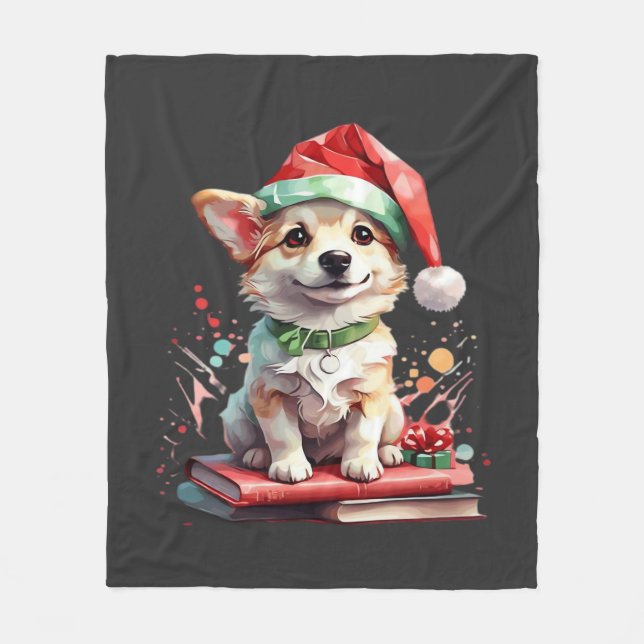 Hund i julhatt med böcker - en perfekt jul fleecefilt (Framsidan)