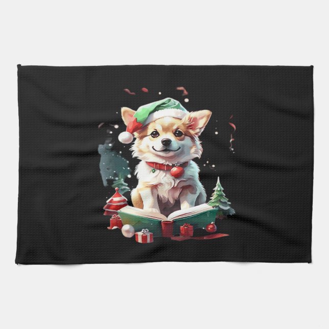 Hund i julhatt med böcker - En perfekt jul Kökshandduk (Horisontell)