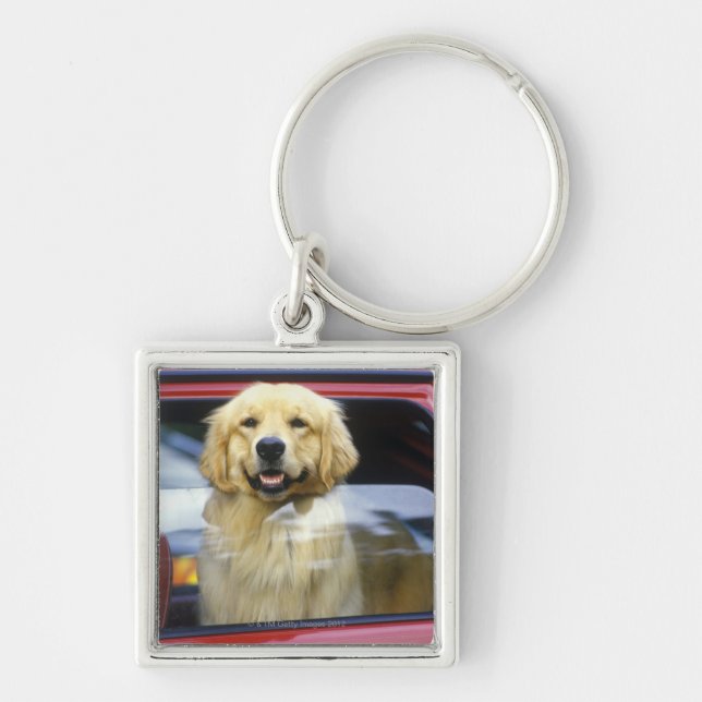 Hund i rött bilfönster fyrkantig silverfärgad nyckelring (Framsidan)