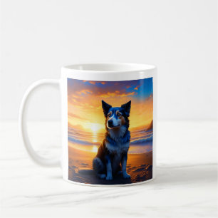 Hund i sitta vid havsstranden vid sunset med citat kaffemugg