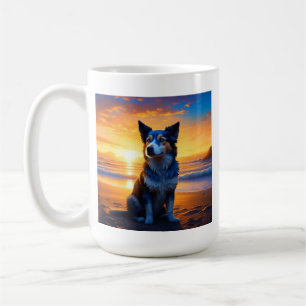 Hund i sitta vid havsstranden vid sunset med citat kaffemugg