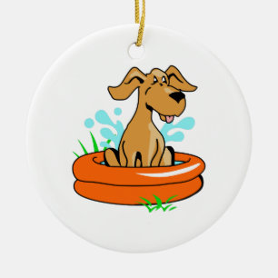 HUND I SWIMMING BASSÄNG JULGRANSPRYDNAD KERAMIK