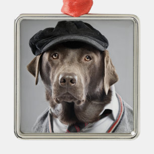 Hund i tröja och lock julgransprydnad metall