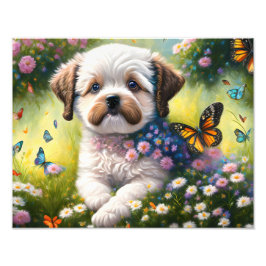 Hund in Blumenwiese mit Schmetterlingen Fototryck