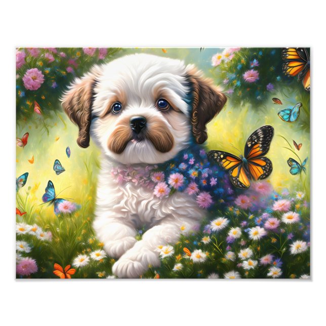 Hund in Blumenwiese mit Schmetterlingen Fototryck (Framsidan)