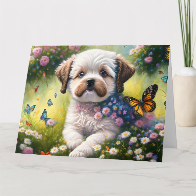 Hund in Blumenwiese mit Schmetterlingen Kort (Framsida)