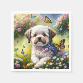 Hund in Blumenwiese mit Schmetterlingen Pappersservett