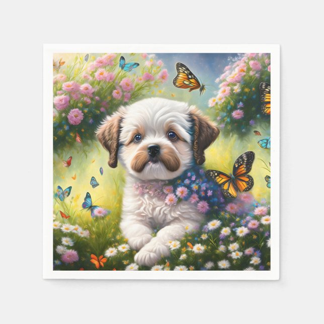 Hund in Blumenwiese mit Schmetterlingen Pappersservett (Framsidan)