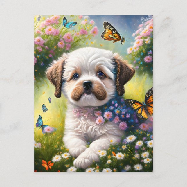 Hund in Blumenwiese mit Schmetterlingen Vykort (Framsida)