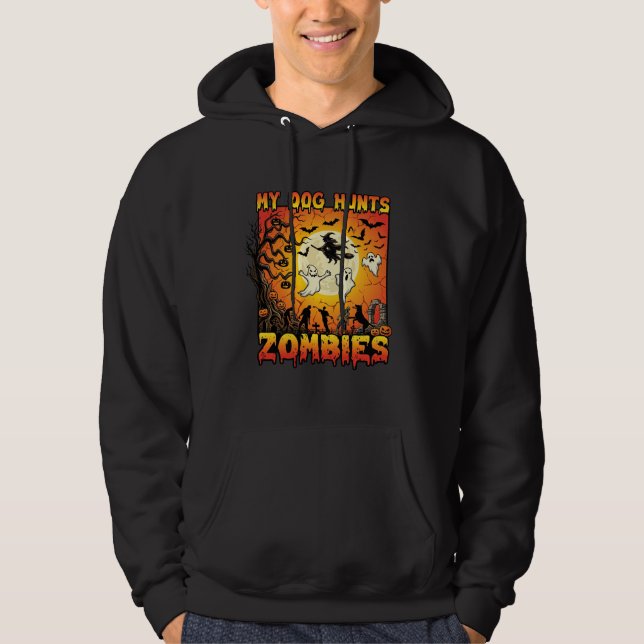 Hund jagar zombies halloween spöken häxa måne hoodie (Framsida)