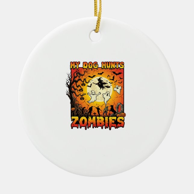 Hund jagar zombies halloween spöken häxa måne julgransprydnad keramik (Framsidan)