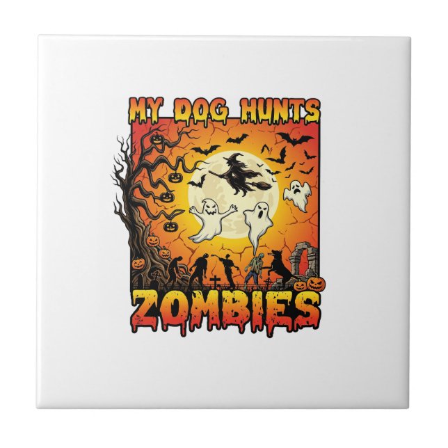 Hund jagar zombies halloween spöken häxa måne kakelplatta (Framsidan)