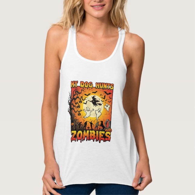 Hund jagar zombies Halloween spöken häxa måne Linne Med Racerback (Framsida)