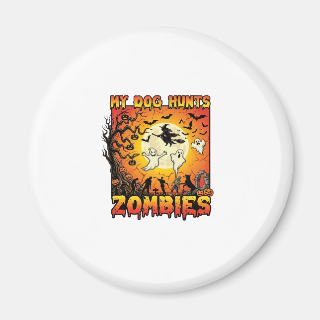 Hund jagar zombies halloween spöken häxa måne magnet (Framsidan)
