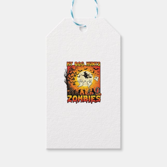 Hund jagar zombies halloween spöken häxa måne presentetikett (Framsidan)
