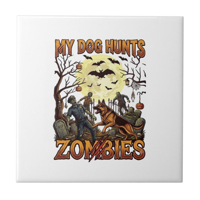 Hund jagar zombies Halloween tysk shepherd måne_1 Kakelplatta (Framsidan)