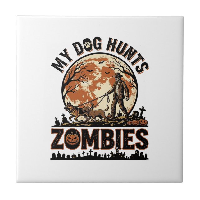 Hund jagar zombies vintage halloween vektordesign_ kakelplatta (Framsidan)