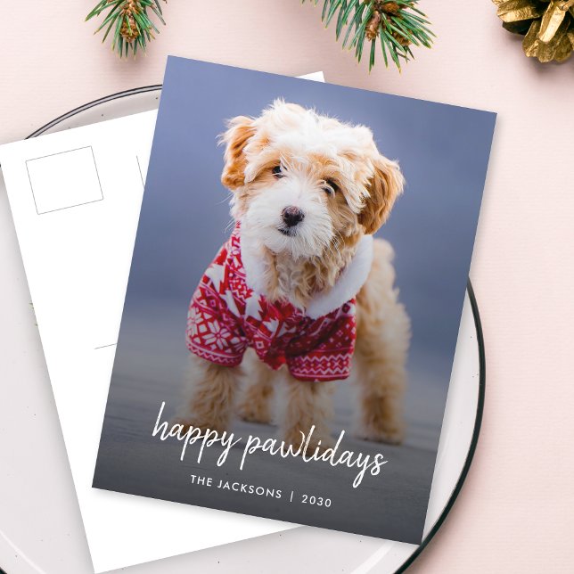 Hund jul | Modern kute Puppy Lycklig Pawlidays Helg Vykort (Celebrate your furry friend with a modern Happy Pawlidays postcard by Guava)