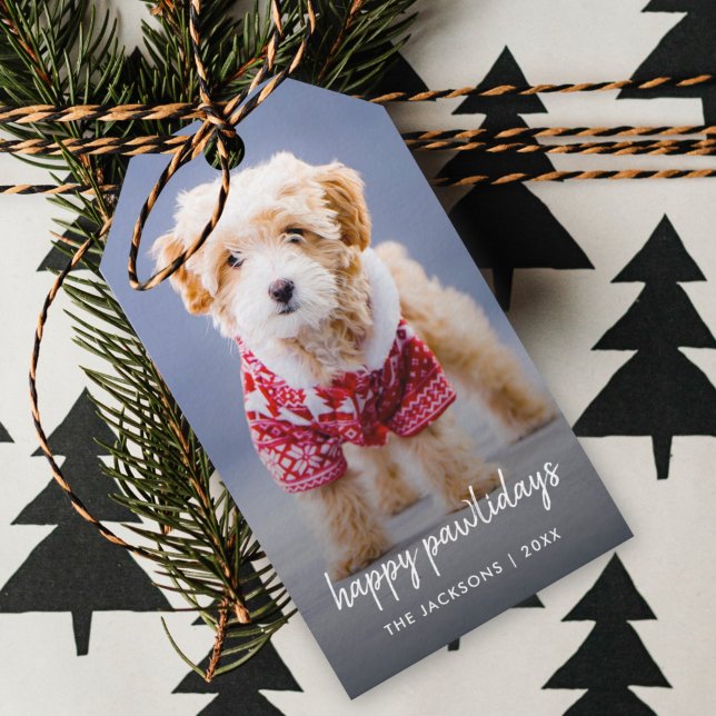 Hund jul | Modern kute Puppy Lycklig Pawlidays Presentetikett (“Happy Pawlidays” gift tags by Guava, featuring your pet’s photo in a modern handwritten style)