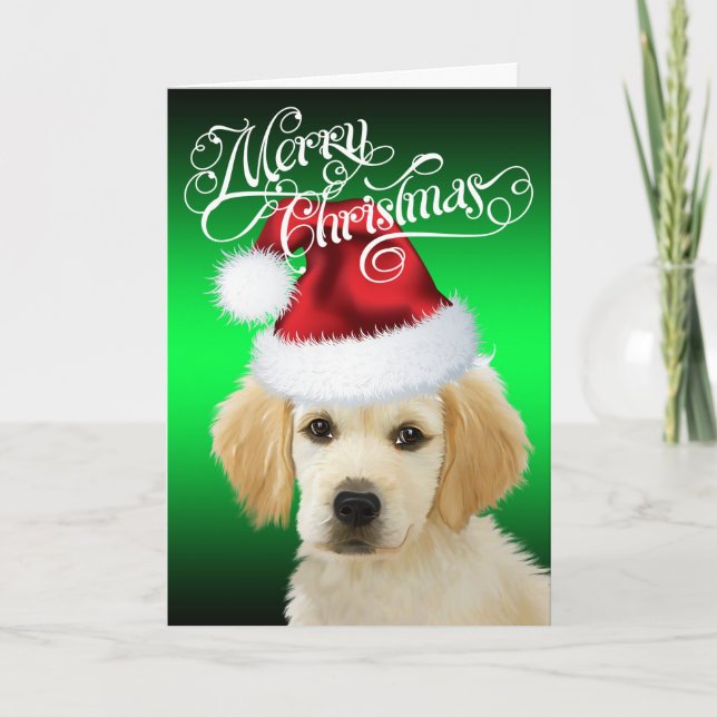 HUND jul | Vaktfull Golden Santa Puppy Helgkort (Framsida)