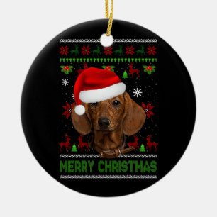 Hund Julafton Dachshund Wearing Santa Hat Ugly Chr Julgransprydnad Keramik