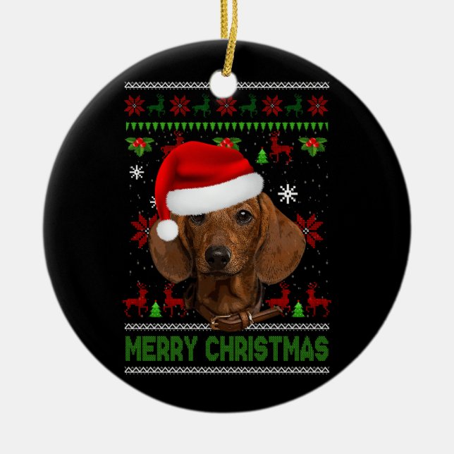 Hund Julafton Dachshund Wearing Santa Hat Ugly Chr Julgransprydnad Keramik (Framsidan)