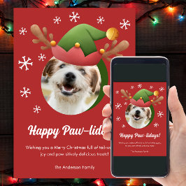 Hund Julfoto med Elf Reindeer Antlers Hat Julkort