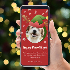 Hund julfoto med Elf Reindeer Hat Digital Julkort