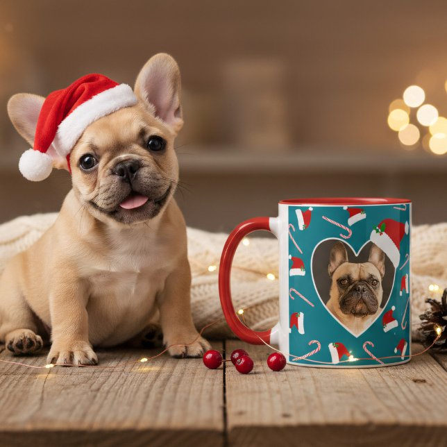 Hund julfoto Santa Hat Teal Coffee Mugg (A fun and festive coffee mug with space for your pup's and name (or yours) Happy Howlidays!)