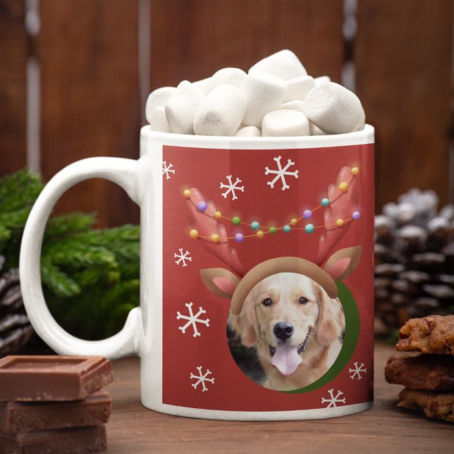 Hund julfoton w/ Elf Reindeer Antler Hats Kaffemugg (Skapare uppladdad)