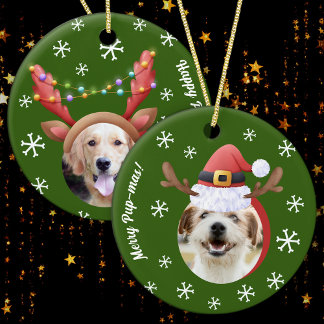 Hund julfoton w/Santa Reindeer Antler Hats Julgransprydnad Keramik