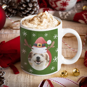 Hund julfoton w/Santa Reindeer Antler Hats Kaffemugg