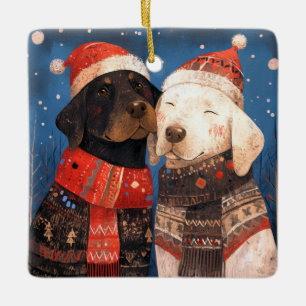 Hund Julsvart och Gul lab vänner Julgransprydnad Keramik