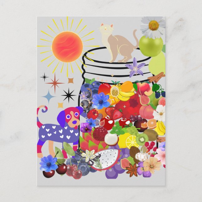 hund, katt, frukt och blommor helg vykort (Framsida)