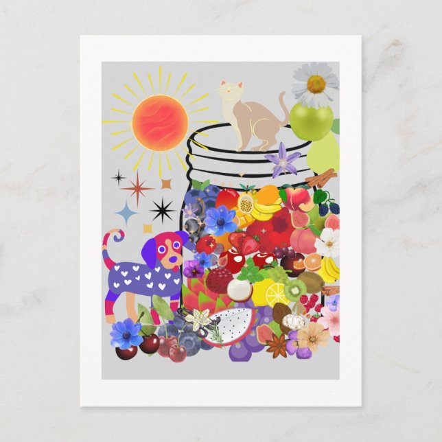 hund, katt, frukt och blommor vykort (Framsida)