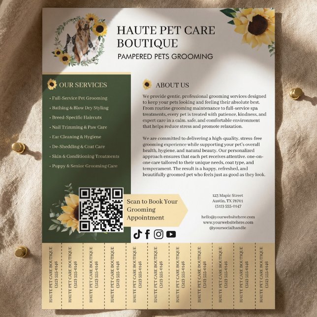 Hund Katt Husdjur Grooming Solros Avrivningsbleck Reklamblad (Dog Cat Pet Grooming Sunflower Tear Off Tabs Flyer)