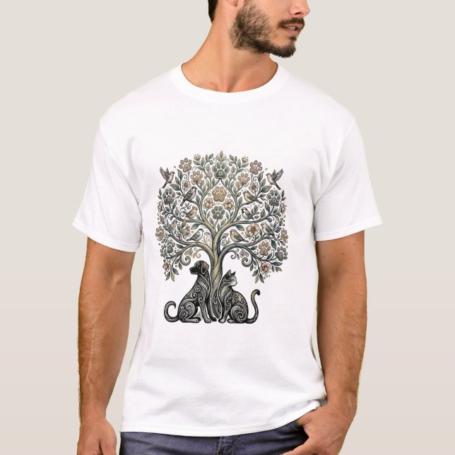 Hund Katt Livets Träd  T Shirt (Framsida)