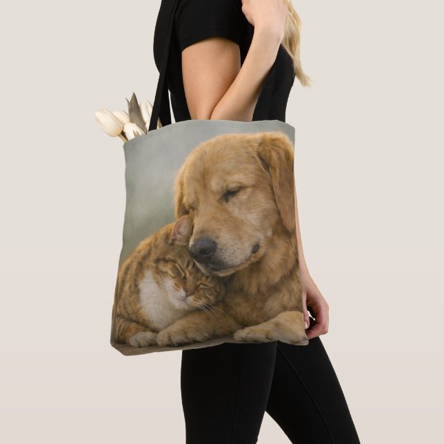 Hund & Katt Nära Kram Heltäckande Tryck Totebag Tygkasse (Närbild)