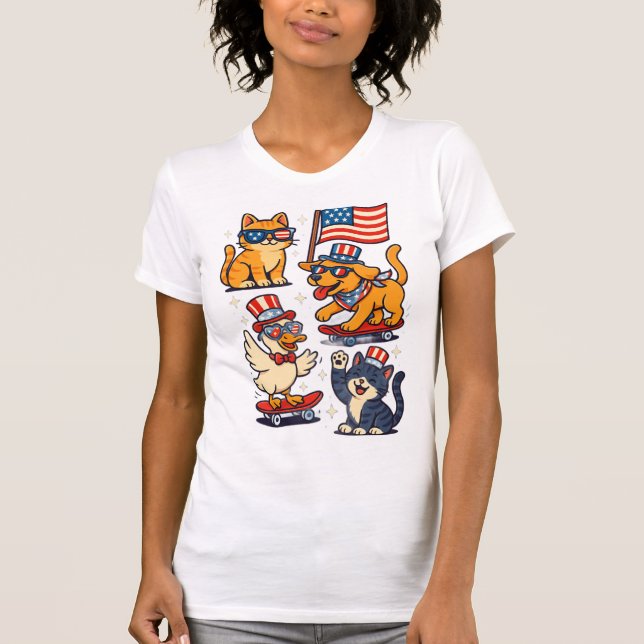 Hund, Katter och Anka i USA flagga Glass 4 juli T Shirt (Framsida)