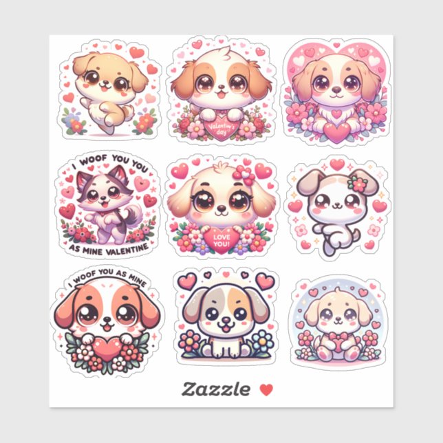 Hund Kawaii Valentines Day Stickers Klistermärken (Ark)