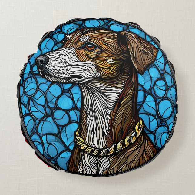 Hund Konstnärlig Glasmosaikporträtt Rund Kudde (Framsidan)